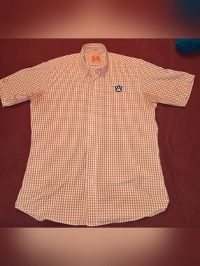 Mens Antigua Auburn University Orange Gingham Button-Down Short Sleeve Shirt LG